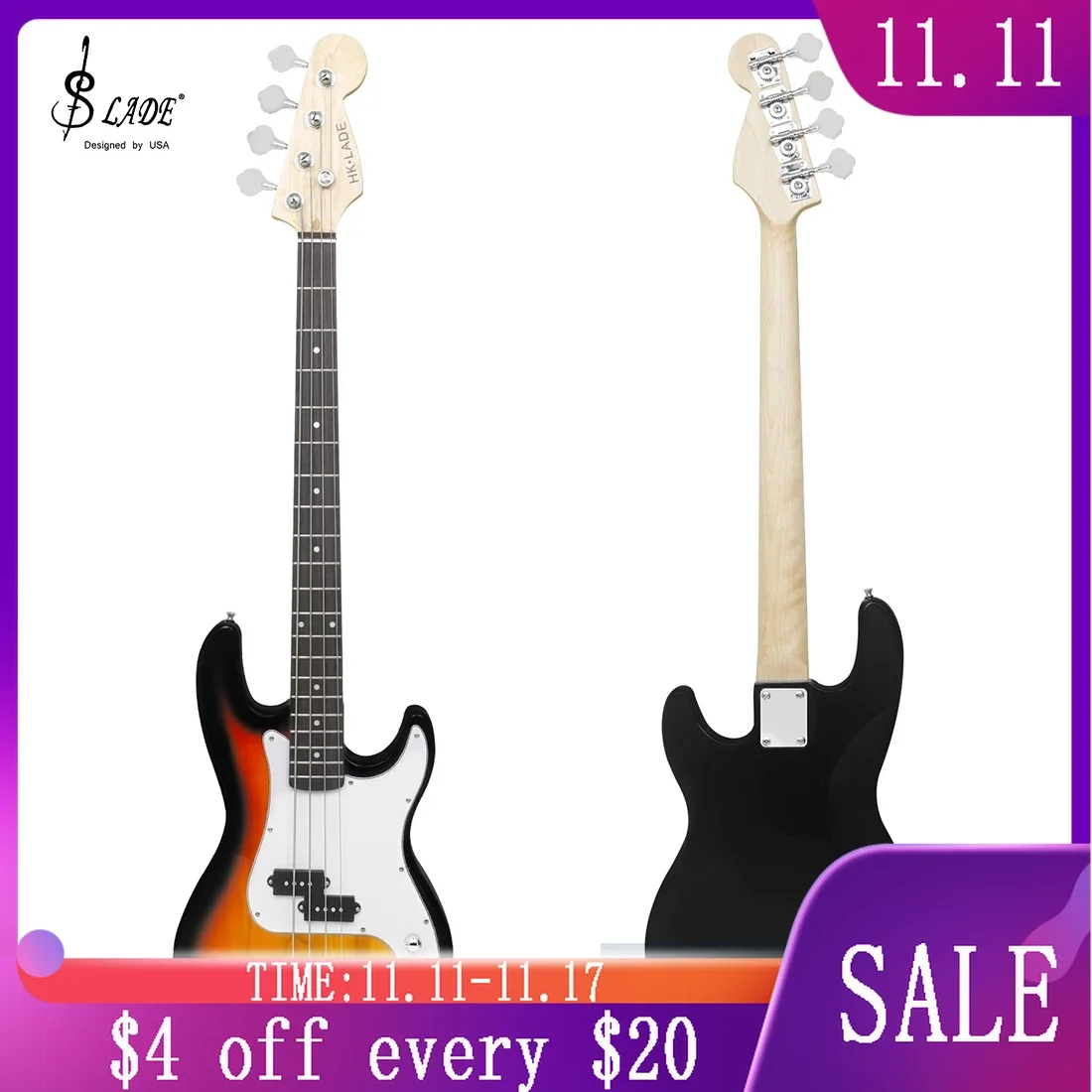

SLADE New Electric Bass Guitar 4 Strings 20 Frets Electric Bass Set Rosewood Fingerboard Maple Neck Electric Bass with Amplifier