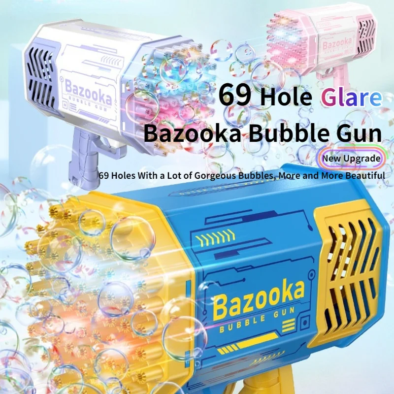

New Kids Automatic Electric Bazooka Bubble Gun 69 Holes Bubble Machine Blower Maker Soap Water Bubble Gun With LED Toy For Child