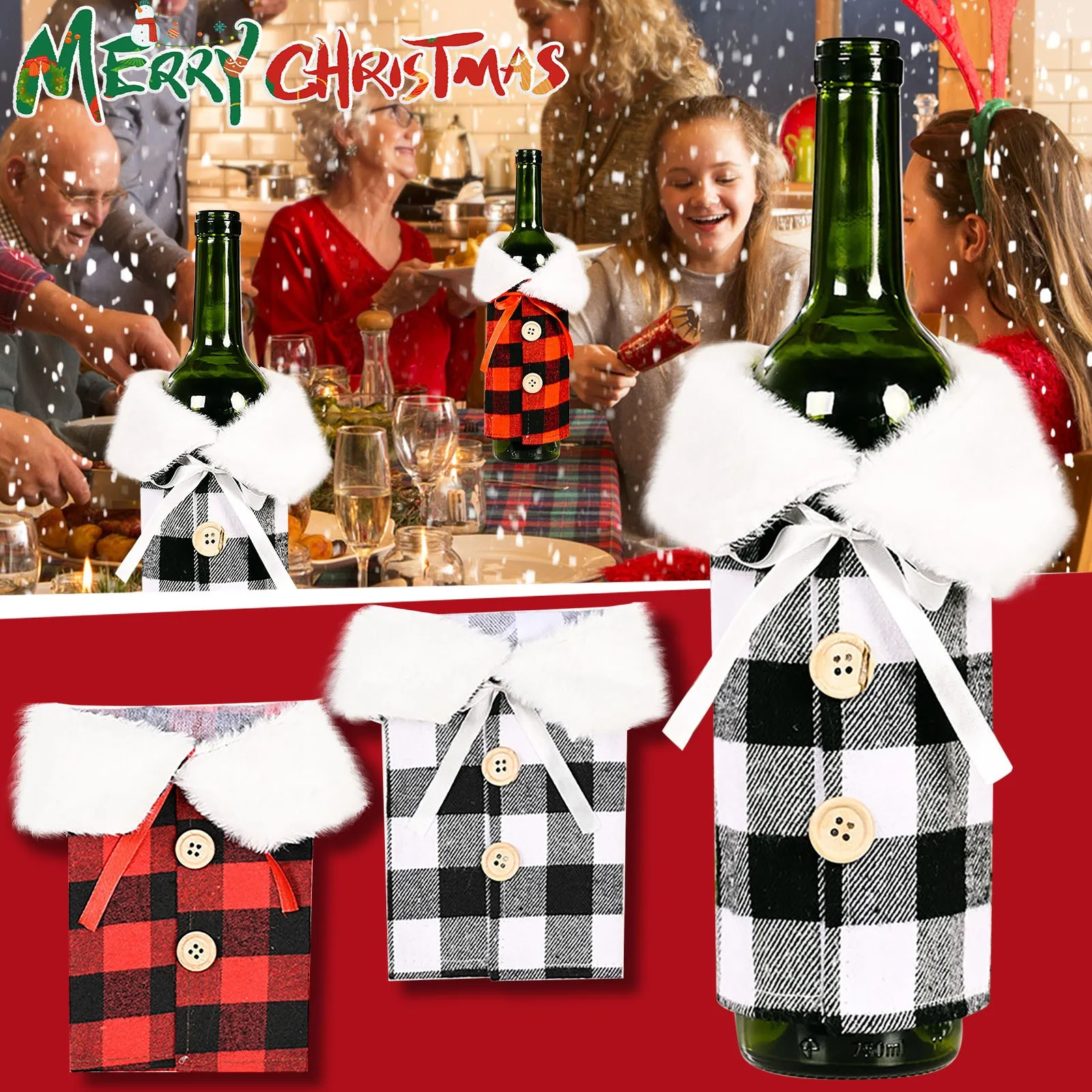 Christmas Decoration Lapel Plaid Wine Bottle Set Christmas Red And Black Plaid Wine Bottle Set Decoration Crystal Port Glasses