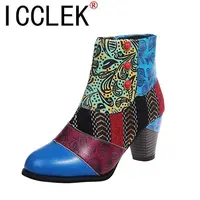 Fashion Vintage Splicing Printed Ankle Boots for Women Shoes Woman PU Leather Retro Block High Heels Zipper Women Boots 2020