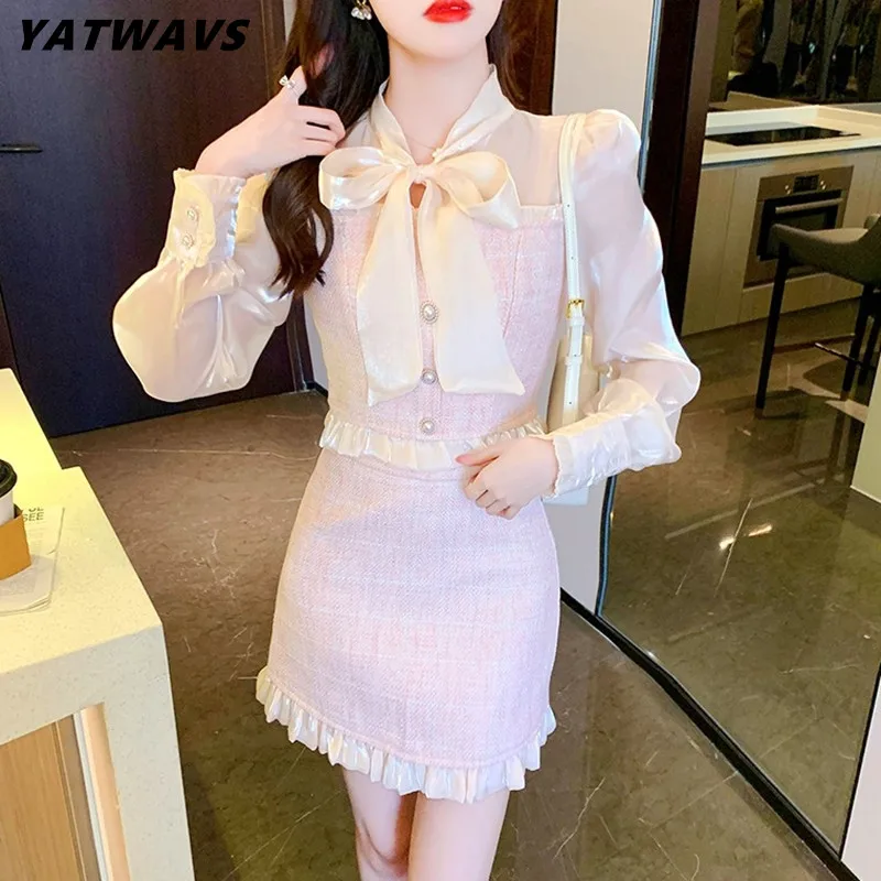 

Женский шифоновый костюм из двух предметов, шифоновый укороченный твидовый топ с бантом и длинным рукавом и юбка мини с оборками в стиле пэчворк, Весенний костюм для девушек