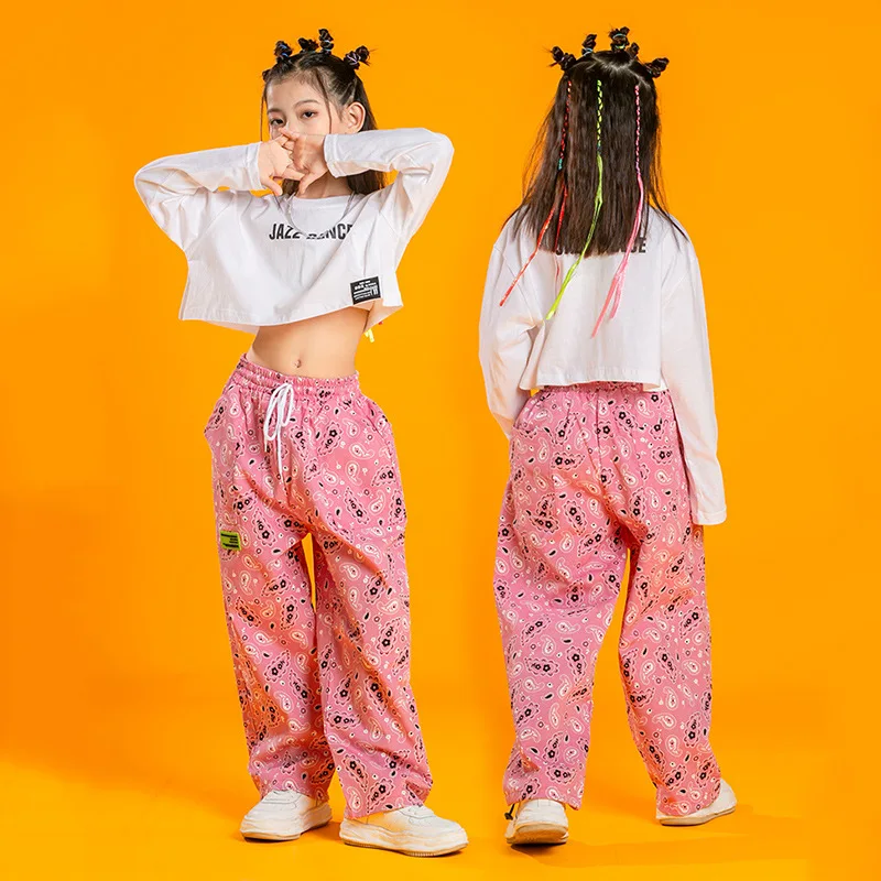 

Girls Hip Hop Crop Top Child Pink Jogger Pants Street Dance Wear Print Paisley Sweatpants Teen Clothes Sets Kids Jazz Streetwear