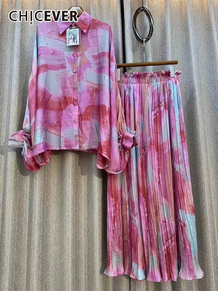 

CHICEVER хит, комплект из двух предметов с цветным принтом для женщин, блузы с длинными рукавами и лацканами, широкие брюки с высокой талией, свободный комплект для женщин, Новинка