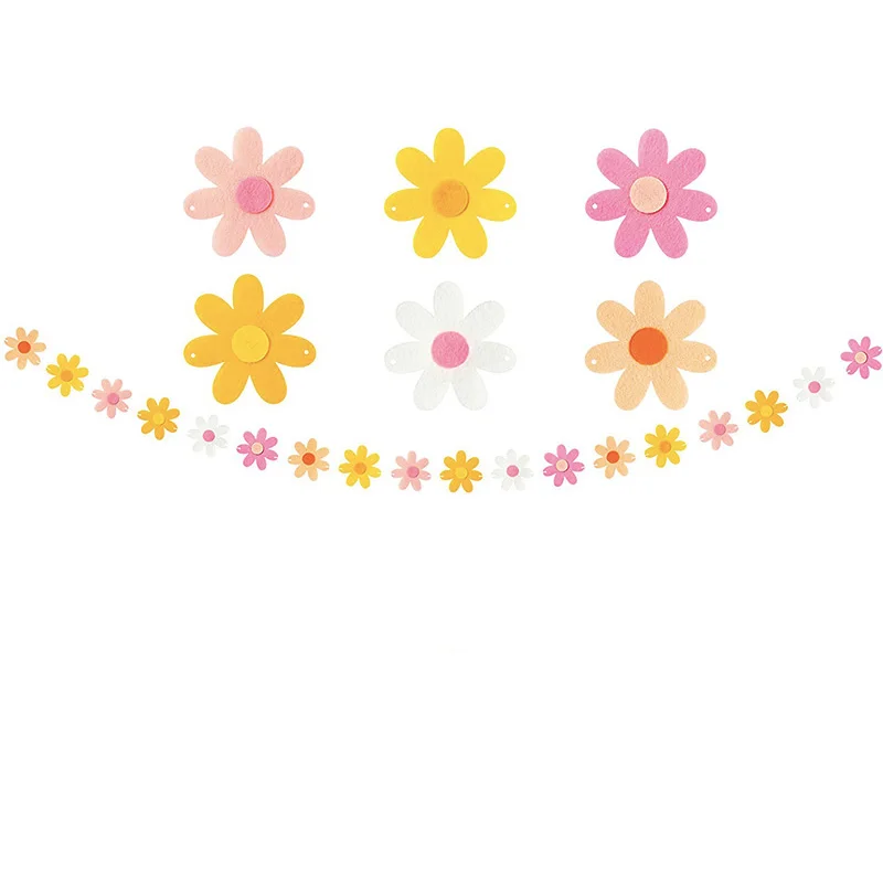 

Гирлянда в виде маргариток розового, белого, оранжевого, желтого цветов для девочек на день рождения, фетровая Цветочная лоза, баннер, подвесные настенные украшения для конфет и баров