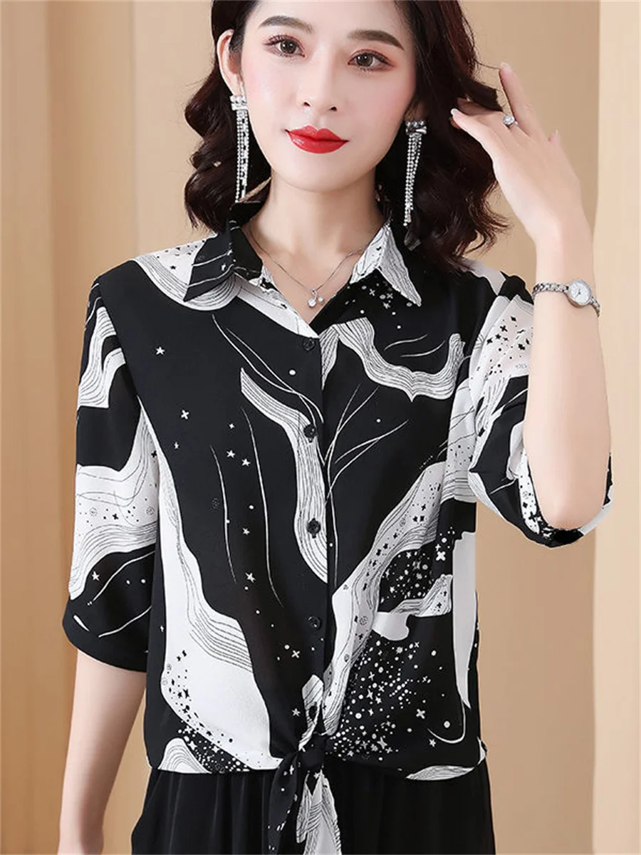 

5XL Loose Women Spring Summer Blouses Shirts Lady Fashion Casual Half Sleeve Turn-down Collar Printing Blusas Tops TT2435