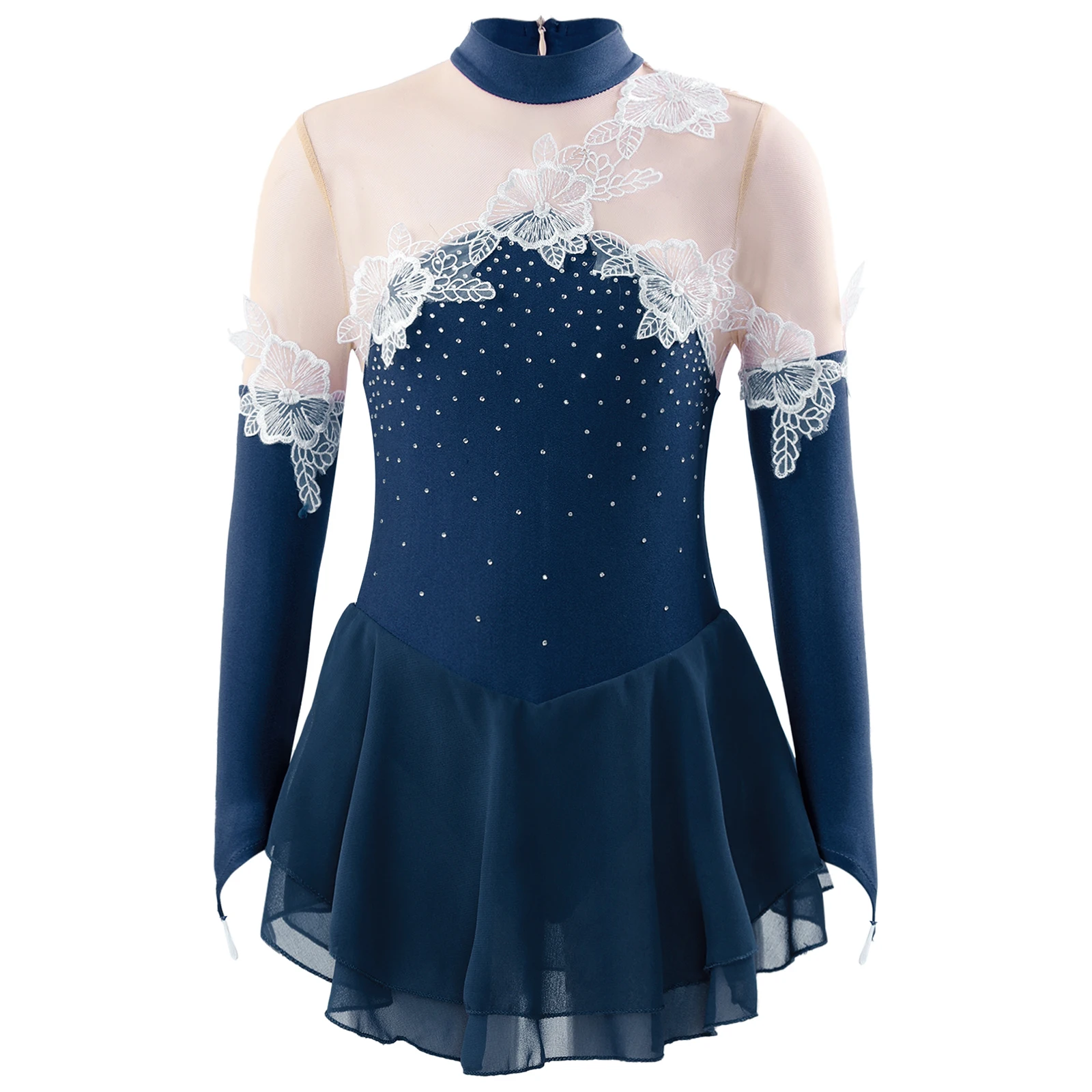 

Детское балетное платье для танцев, Фигурное катание, воротник-стойка, блестящие стразы, украшенные цветами, на молнии, сзади, платье, Одежда для танцев