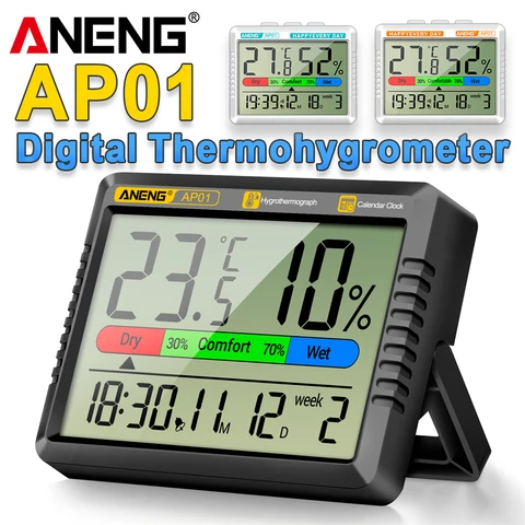 ANENG AP01 ЖК-цифровой термометр, гигрометр, измеритель температуры и влажности в помещении, будильник, метеостанция для дома