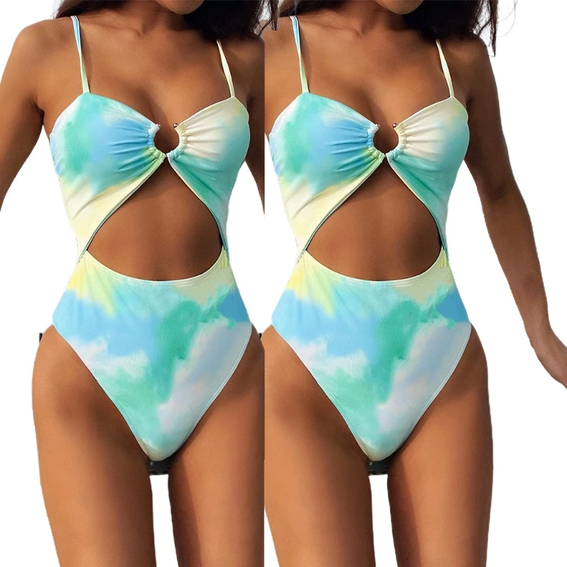 

Swimsuit Hollow One-piece Swimsuit Women Bathing Suit Beachwear Tie-dye Swimsuit