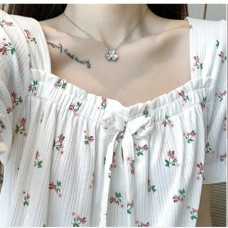 Solid Floral Sweets Summer Pajamas For Young Women 2023 Short Sleeve Lace Thin Sleepwear Square Collar Long Length Nightdress