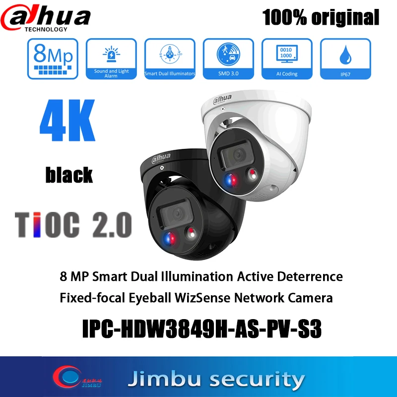 

Dahua IPC-HDW3849H-AS-PV-S3 8MP 4k iptv Black POE IR30M H.265 Sound and light alarm SMD 3.0 Eyeball WizSense Network Camera