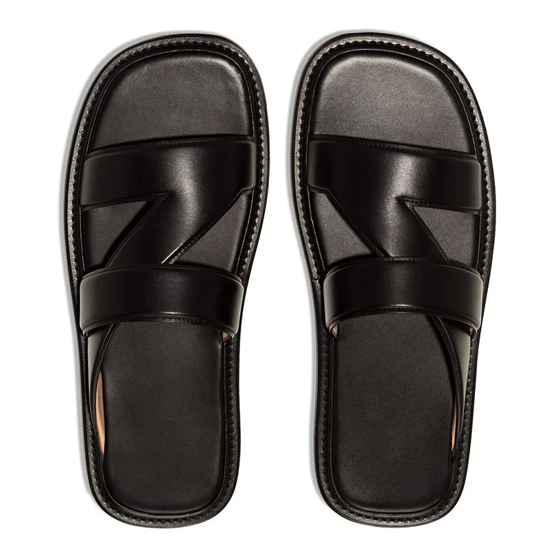 Casual Slippers High Quality Genuine Leather Shoes Men Summer Mens Flip Flops - Fashionable Leather Slip-On Sandals Cowhide