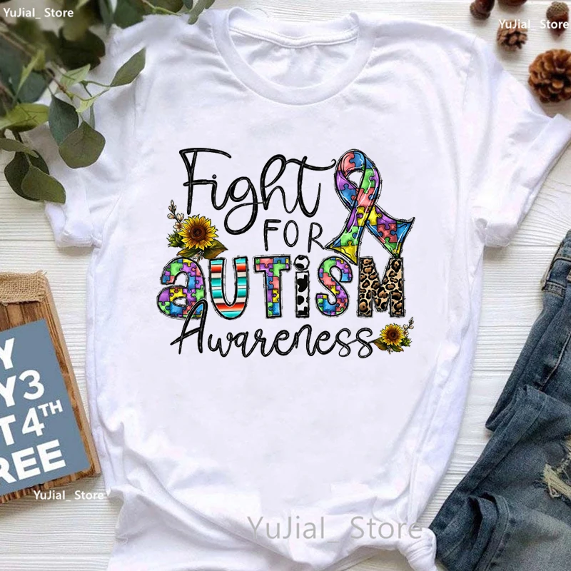 

Summer Fashion Fight For Autism Awaseness Graphic Print Tshirt Women In A World Full Of Roses Be A Sunflower T Shirt Femme Tops