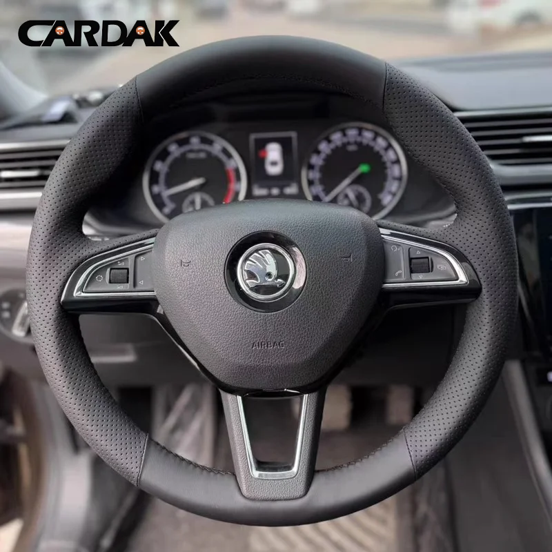 Черный кожаный чехол на руль автомобиля для Skoda Fabia Citigo Karoq Rapid Kodiaq Scala Octavia Roomster Superb Yeti 2013-2019