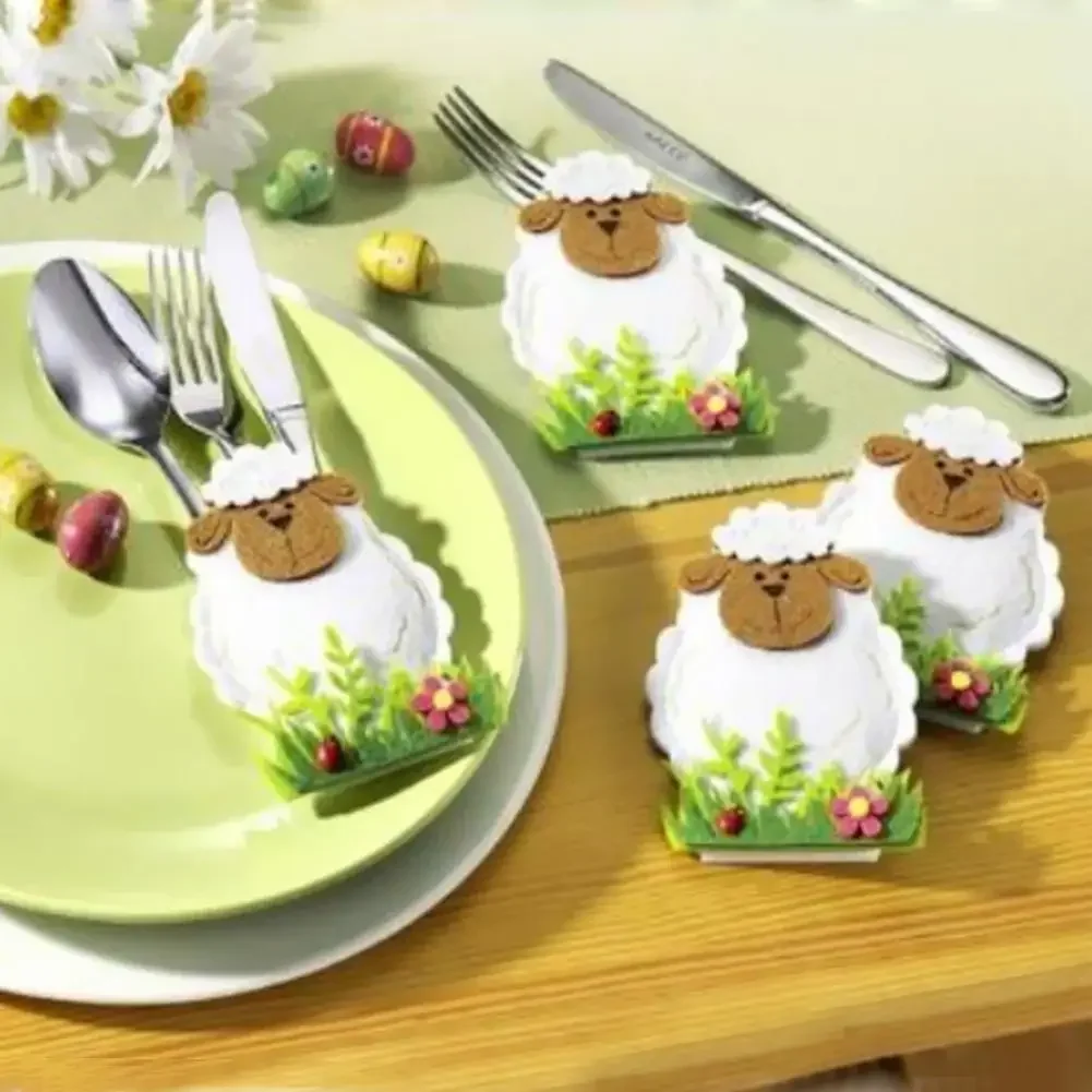 4Pcs/set Sheep Knife Fork Bags Non-woven Cartoon Tableware Covers Dinner Desktop Supplies Cutlery Bag Easter Decoration