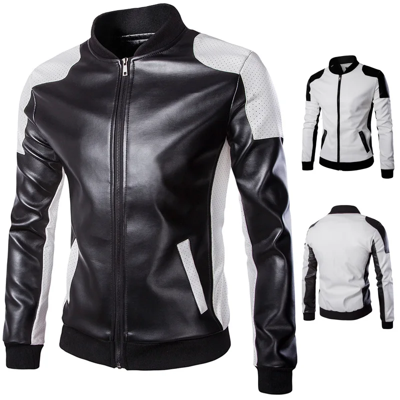 

Male Stand Collar PU Leather Black and White Jacket Large Size Faux Leather Patchwork Jacket with Zipper 4xl 5XL Casual Coat Men