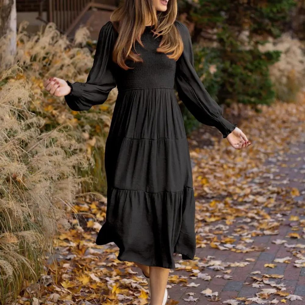 

Casual Dress High Waist Midi Dress Autumn Winter Lady Vintage Dress