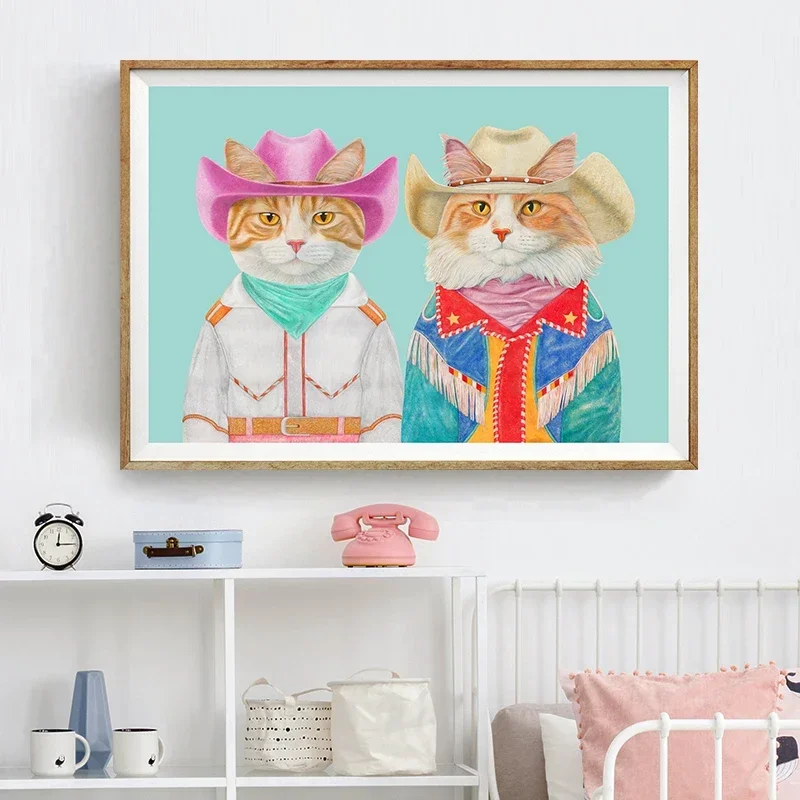 Красочный постер Родео два кота ковбойский холст картина эстетическое настенное