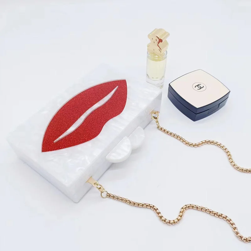

Trendy Wallet Elegant Women Party Acrylic Evening Clutch Purse Luxury Brand Handbag Red Lip Pattern Shoulder Chain Messenger Bag