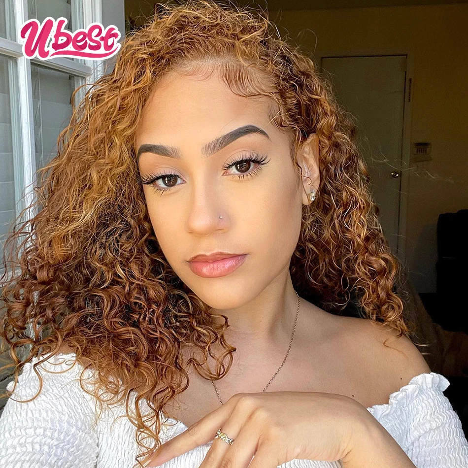 

Orange Brown Bob Wig Humain Hair Short Curly Human Hair Wigs 13x4 Lace Frontal Wig Brazilian Water Wave Human Hair For Women
