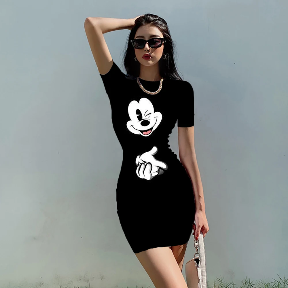 

Hot Summer Black Sexy Bodysuit O Neck Short Sleeve Party Club Mini Dress Disney Minnie Mouse Dress Women