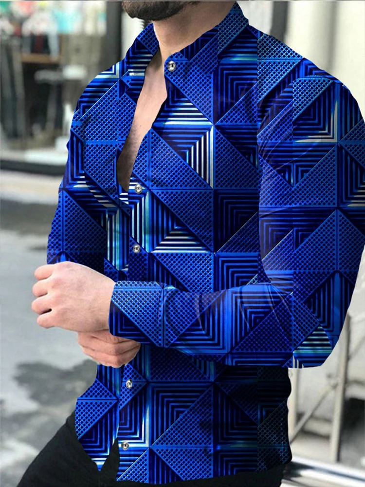 

Рубашка мужская с отложным воротником, модная сорочка на пуговицах, повседневный топ с геометрическим принтом и длинными рукавами, кардига...