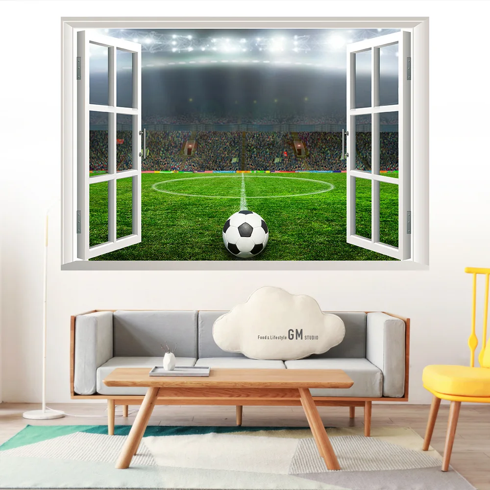 

3D Window View Soccer Field Wall Stickers for Kids Baby Rooms Bedroom Home Decoration Mural Poster Football Sticker Art Decals