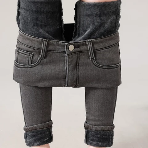 Women Thermal Jeans Denim Skinny Stretch Jeans Oversized High Waist Winter Plush Warm Lamb Fleece Lady Plus Size Pencil Trousers