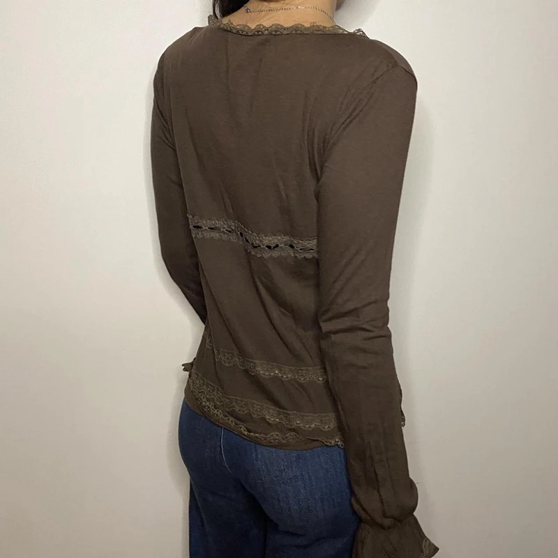 Fairycore гранж винтажная коричневая футболка с кружевной отделкой V-образным