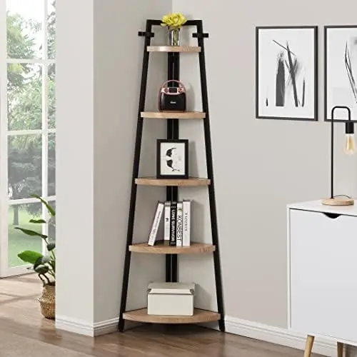 

FURNITURE 5 Shelf Industrial Corner Bookcase and Shelf, A-Shaped Display Corner Storage Bookshelf-70-Inch, Oak Finish