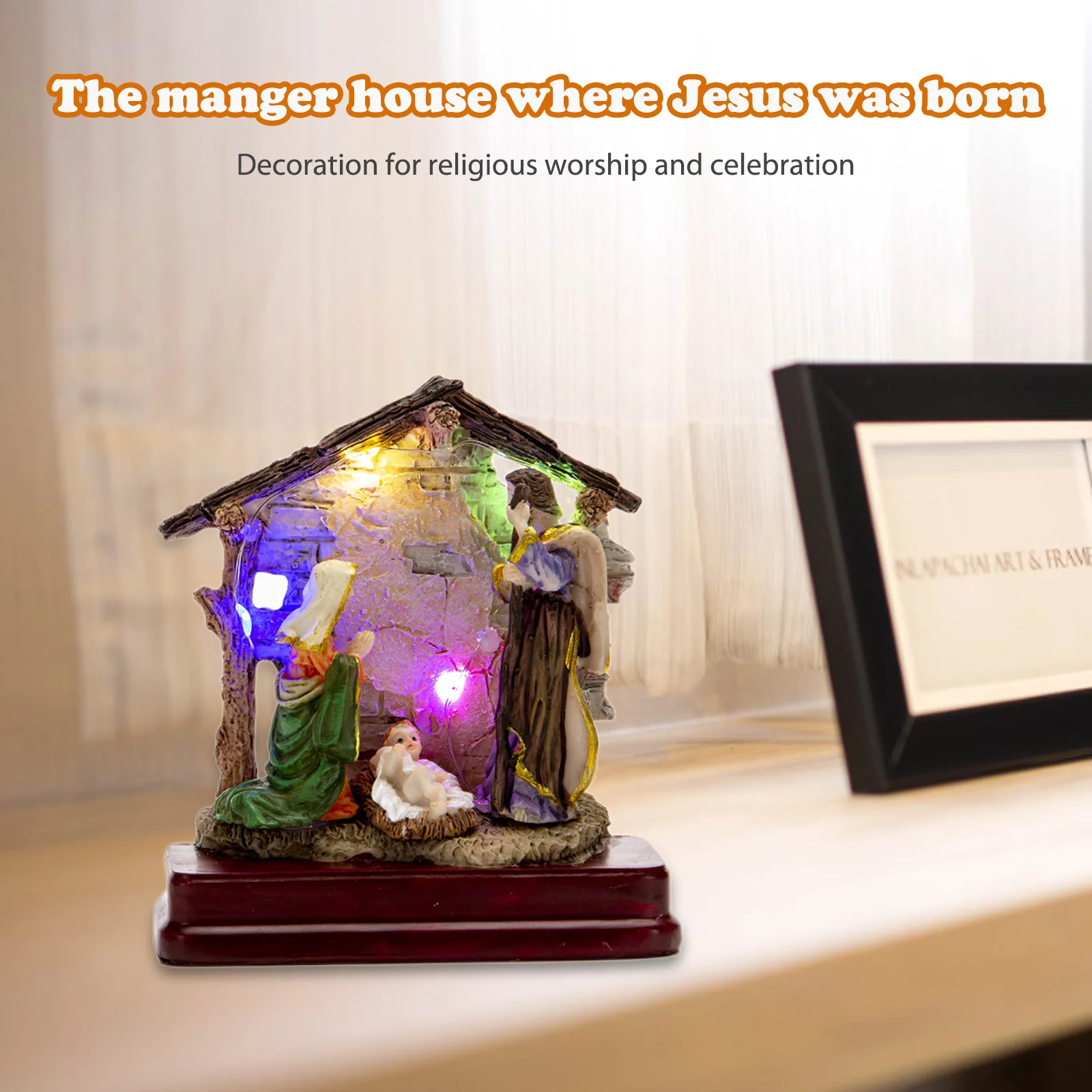 

Xmas Jesus Birth Statue Resin Handmade DIY Nativity Scene Sculpture Art Crafts with LED Color Light Character Figurines