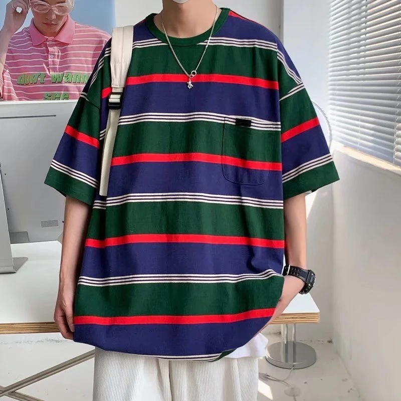 

Summer Short Sleeve T-Shirt Men Fashion Retro Casual Striped T Shirt Mens Japanese Streetwear Loose Hip Hop O-Neck T-Shirt Men
