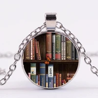 old book necklace vintage library art pattern glass cabochon pendant statement necklace nerd reader bookworm women men jewelry