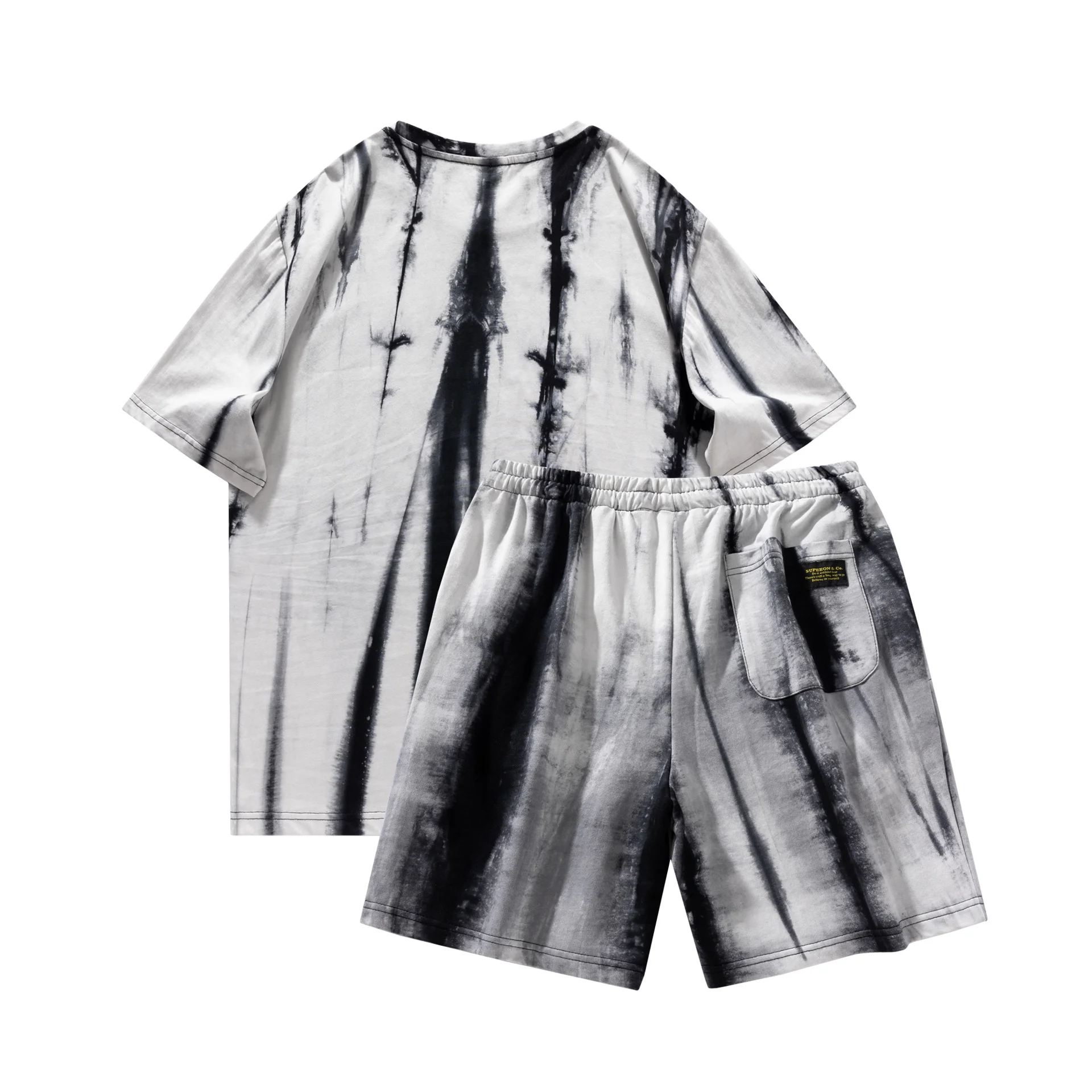 2023 New Summer Men's Casual Contrast Color Set Tie Dyed Two Piece Set for Men's Loose Fit American Fashion