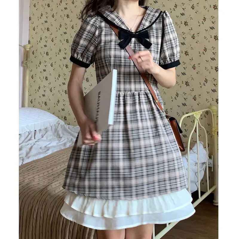 

Japanese Kawaii Plaid Dress Women Bow Preppy Style Elegant Vintage Short Dresses Sweet Ruffles Lolita Sundress 2022 Summer Robe