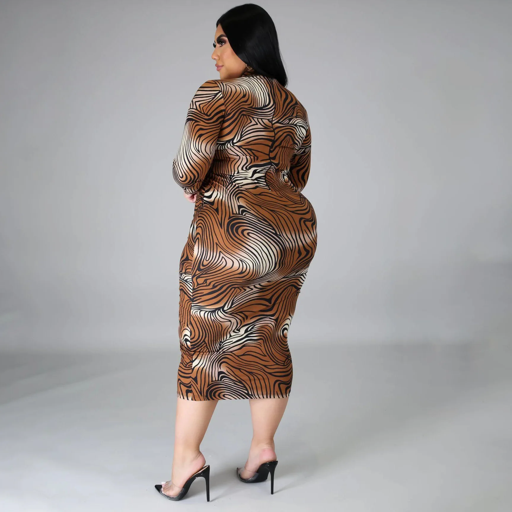 Plus Size Dresses O-Neck Print Long Sleeve Dresses for Women Mid-Calf Sheath Party Dress Evening Dress Plus Size Women Clothing