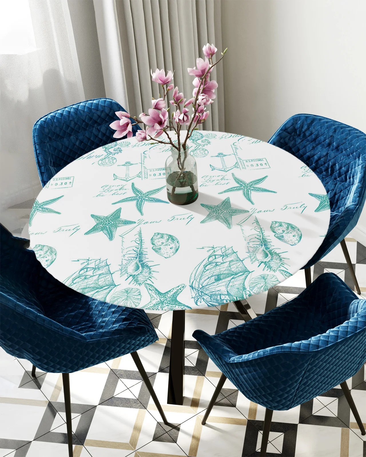 

Aqua Ocean Starfish Conch Seahorse Anchor Round Rectangle Waterproof Elastic Tablecloth Home Kitchen Table Cloth Table Cover