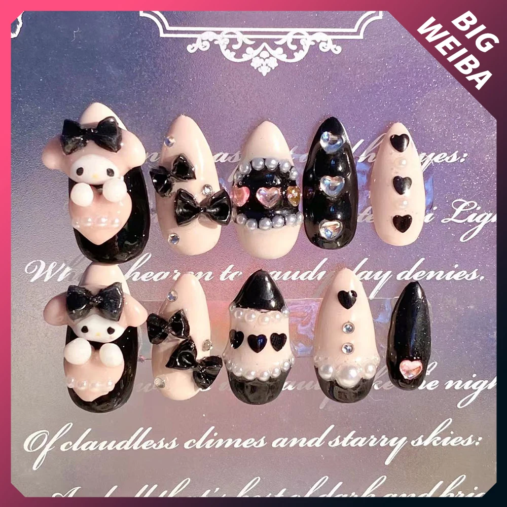 

Free Shipping Mymelody Kuromi Japan Fake Nails Kawaii Cartoon Handwork Sweet Pink Black Y2K Hot Girl Full Cover Nail Sticker
