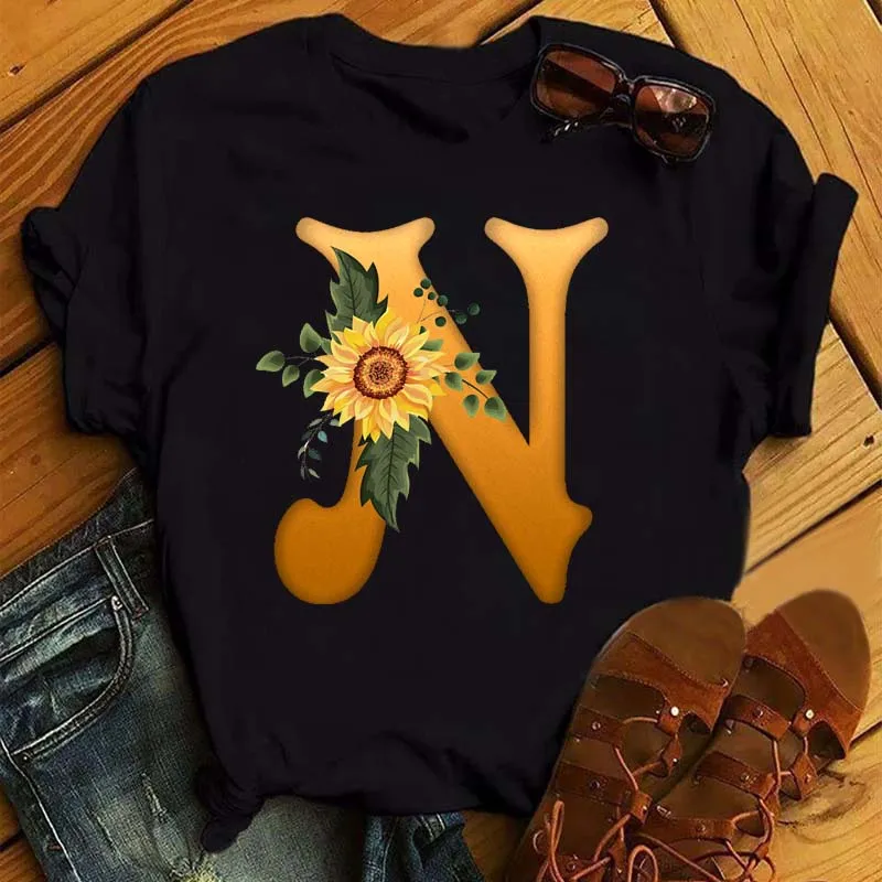 

New Women T Shirt Harajuku Sunflower Letters A B C D Print Short Sleeve Tshirt Black T Shirt Women's Fashion Tee Tops