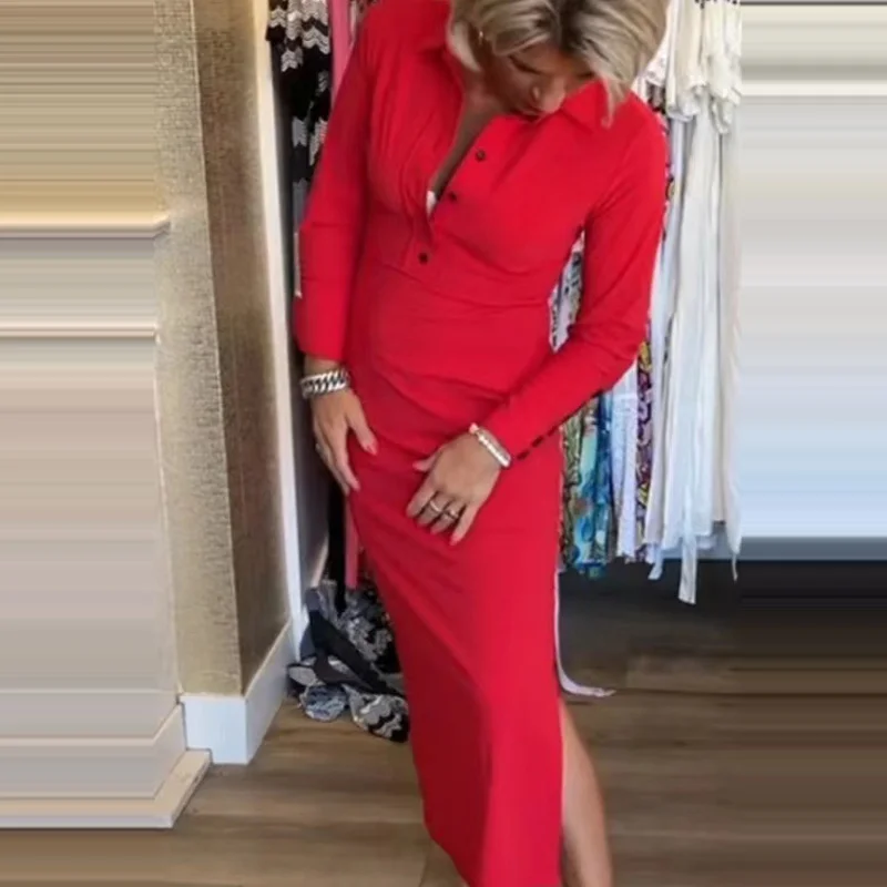 

Женское платье-рубашка с воротником на пуговицах, Красное длинное платье с длинным рукавом, элегантное весеннее повседневное ТРАПЕЦИЕВИДНОЕ ПЛАТЬЕ с разрезом, осень 2024