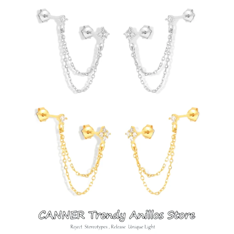 

CANNER 925 Sterling Silver Four Zircons Flower Stud Earrings For Women Double Studs Chain Tassel Piercing Earrs 18K Gold Plated