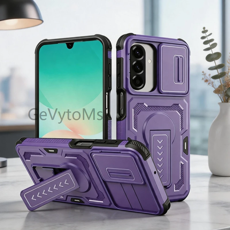 Фото Противоударный чехол-броня A17 с подставкой для Samsung Galaxy A17 4G/5G, военный чехол с выдвижной крышкой для камеры №1
