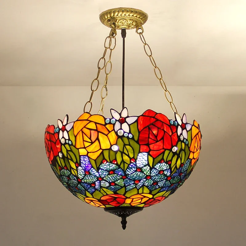 Фото Подвесной светильник SAMAN Tiffany, светодиодный ретро-крестительный светильник для гостиной, ресторана, спальни, виллы, коридора отеля, цветная стеклянная люстра №4