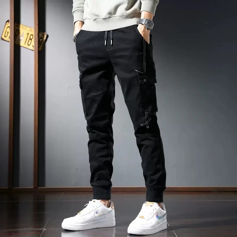 Autumn Black Cargo Pants Jeans Men Streetwear Casual Cotton Slim Fit Elastic Waist Drawstring Trousers CP2083