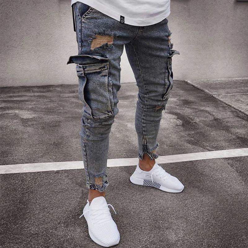 

Vintage Skinny Jeans Men 2023 Spring Fall Fashion Pockets Ripped Denim Cargo Pants For Men Trend Slim Fit Jean Pants Streetwear