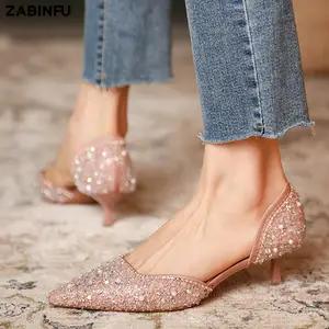 YIYA Women's Clear PVC High Heels Sandals Crystal Pointed Toe Pumps Shoes  Sexy Slip On Wedding Party Summer Shoes