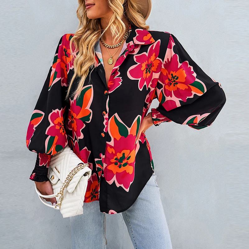 

Women's Floral Print Puff Sleeve Shirt Female Elegant Casual V Neck Shirts 2022 Spring Summer Fashion Office Ladies Tops Blouses