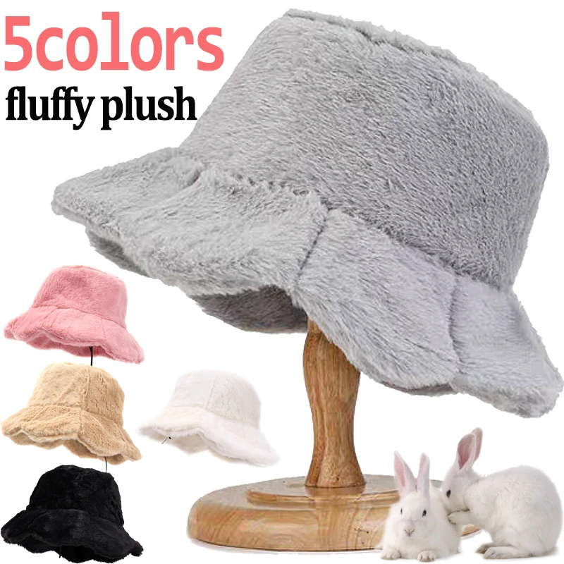 

5colors Plush Falbala Bucket Hat Cute Girl Wide Brim Round Top Fisherman Hats Women Winter Fluffy Cashmere Warm Cold-proof Cap