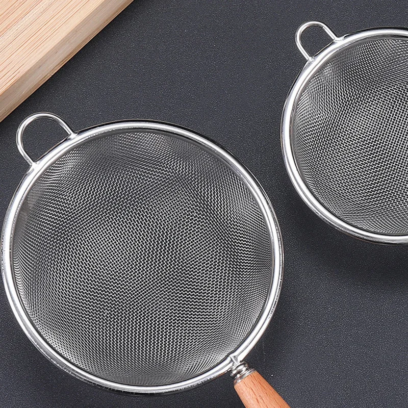 Mesh Stainless Steel Strainer Sieve Wooden Grain Handle Juice Egg Filter Colanders Coffee Tea Filtering Food Kitchen Accessories images - 6