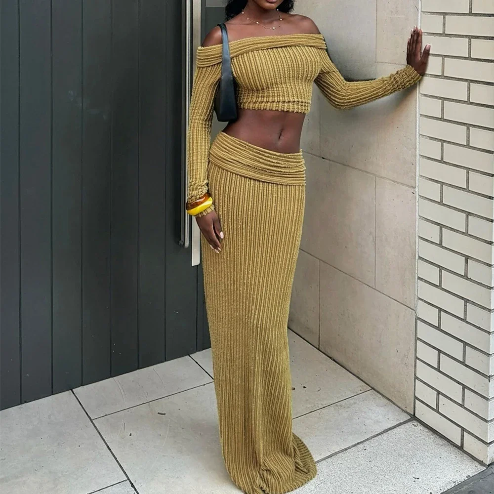 DSMTRC Женский сексуальный укороченный топ с длинными рукавами и макси-длинная юбка