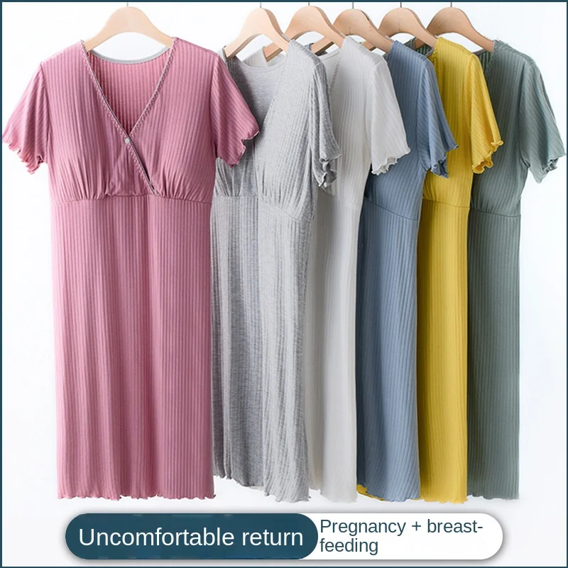 

Nightdress Summer Thin Clothing Nursing Shirt Mid-Length Postpartum Pregnant Women Dress Confinement Clothing Short Sleeve